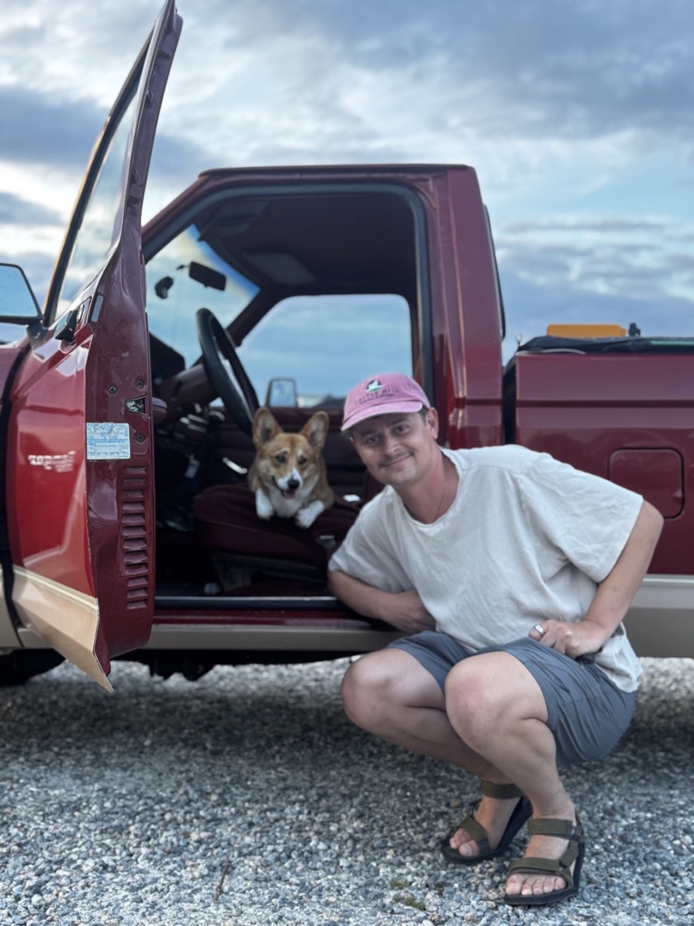 The truck outside with a dog in the cab
